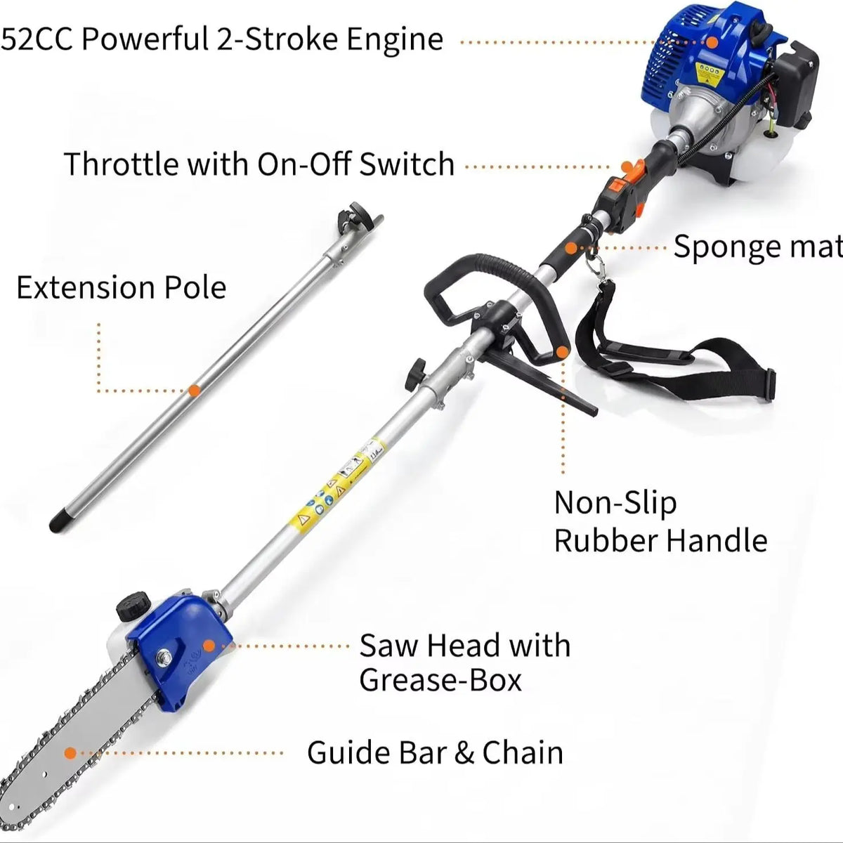 S And B Enterprise 52cc gas 2-stroke pole saw with 12-inch bar, blue engine, shoulder strap, ergonomic grip