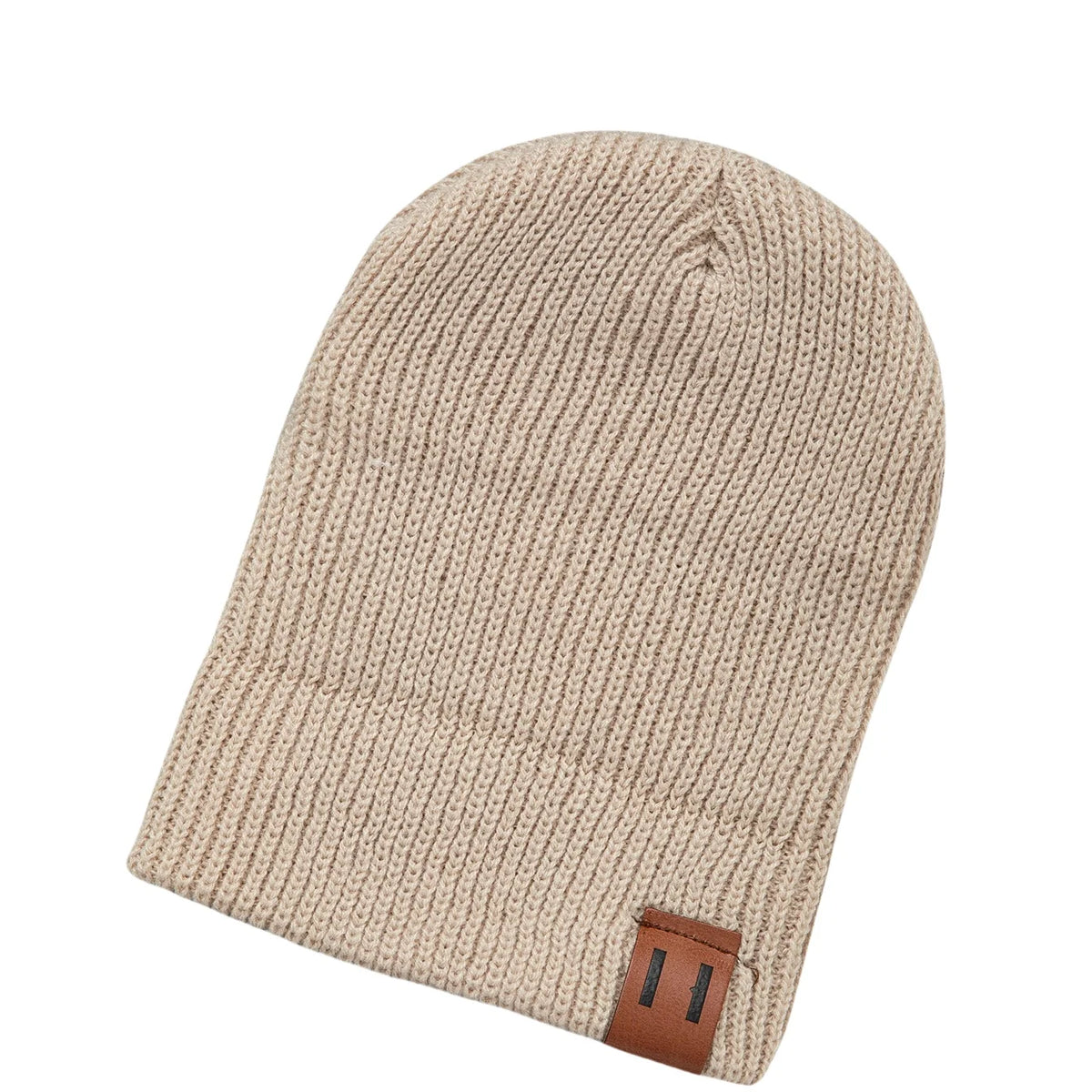 Beige knitted baby beanie hat with ribbed texture and brown leather patch label