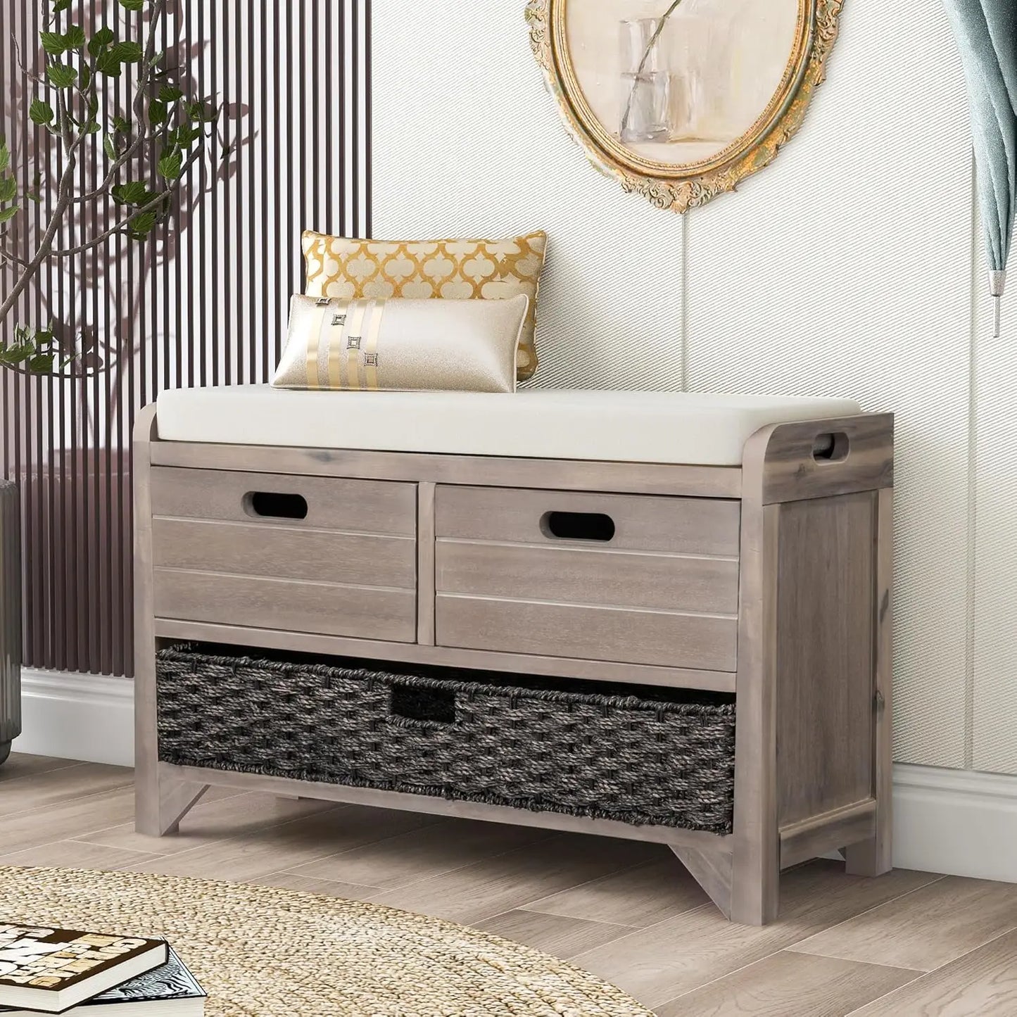 Upholstered Storage Bench for Entryway, Wood Storage Ottoman with Removable Basket and 2 Drawers, Farmhouse Shoe, Customized