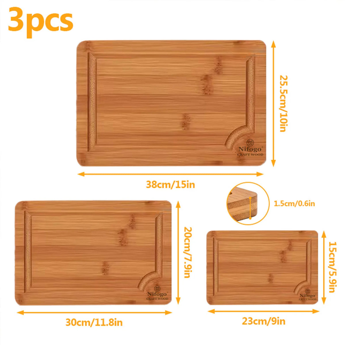 Bamboo Cutting Boards 3-Piece Set (S/M/L) with Juice Grooves & Non-Slip Handles, Durable Chopping Boards & Serving Trays by S And B Enterprise