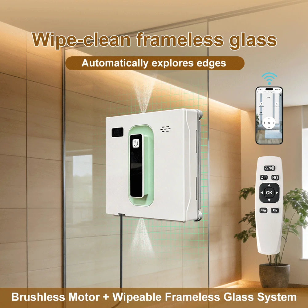 PuRuiKai window cleaning robot on frameless glass with green trim, remote and smartphone app