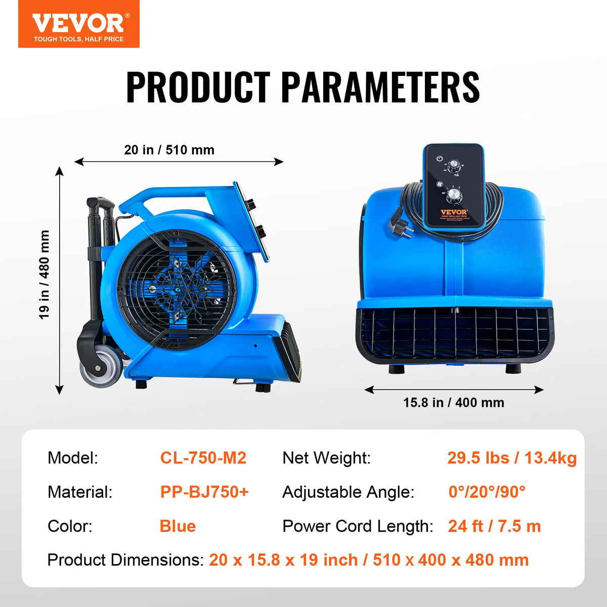Floor blower blue air mover by VEVOR with control panel; two-unit setup