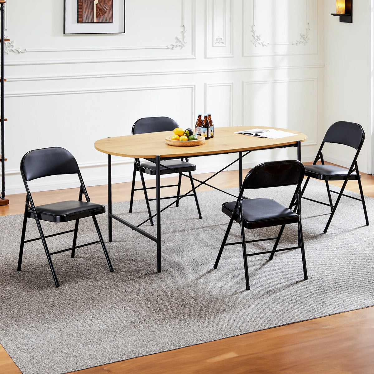 JHK Leather Padded Folding Chairs, set of four, black padded seats with metal frames