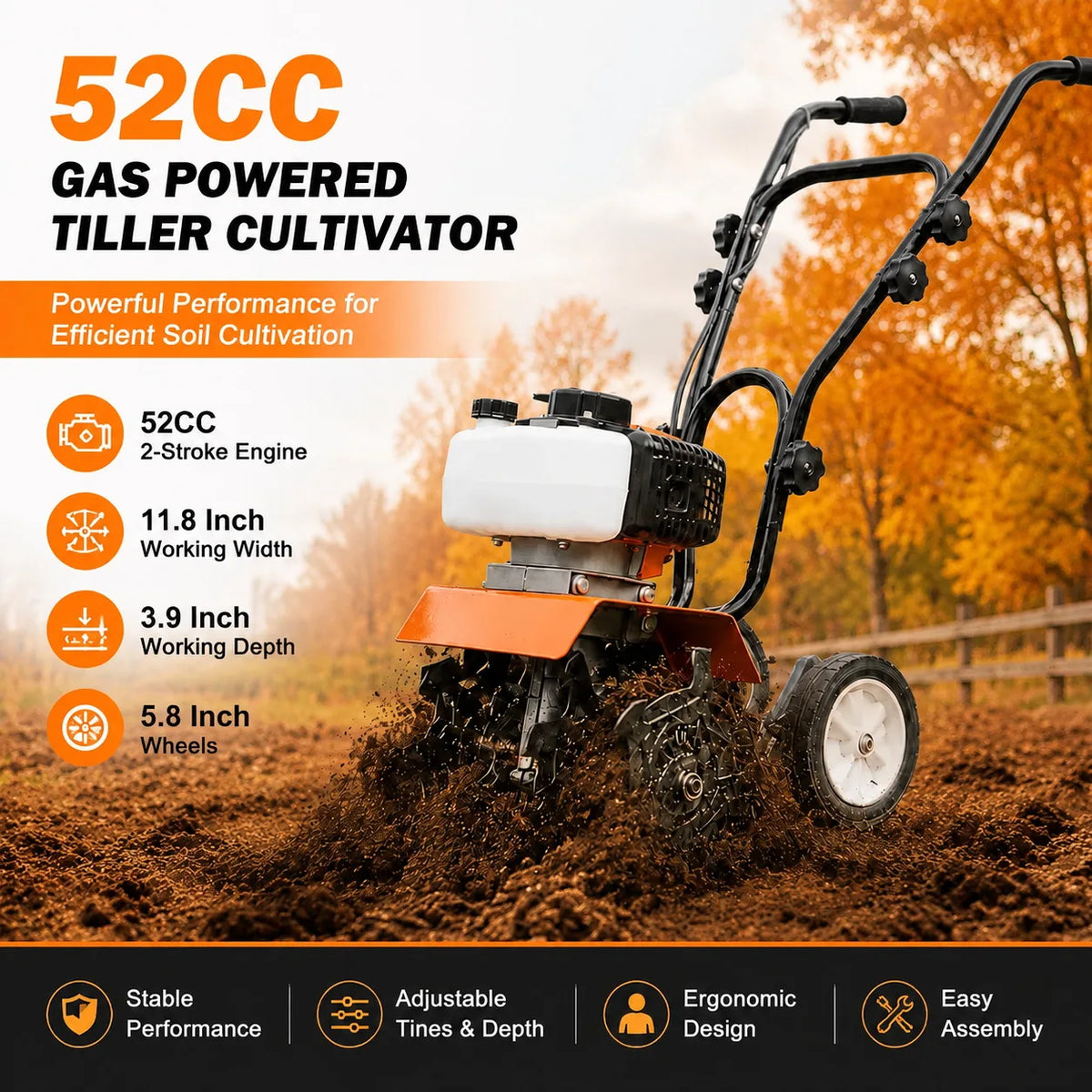 52CC gas-powered tiller cultivator by S And B Enterprise with adjustable steel tines and 11.8-inch working width