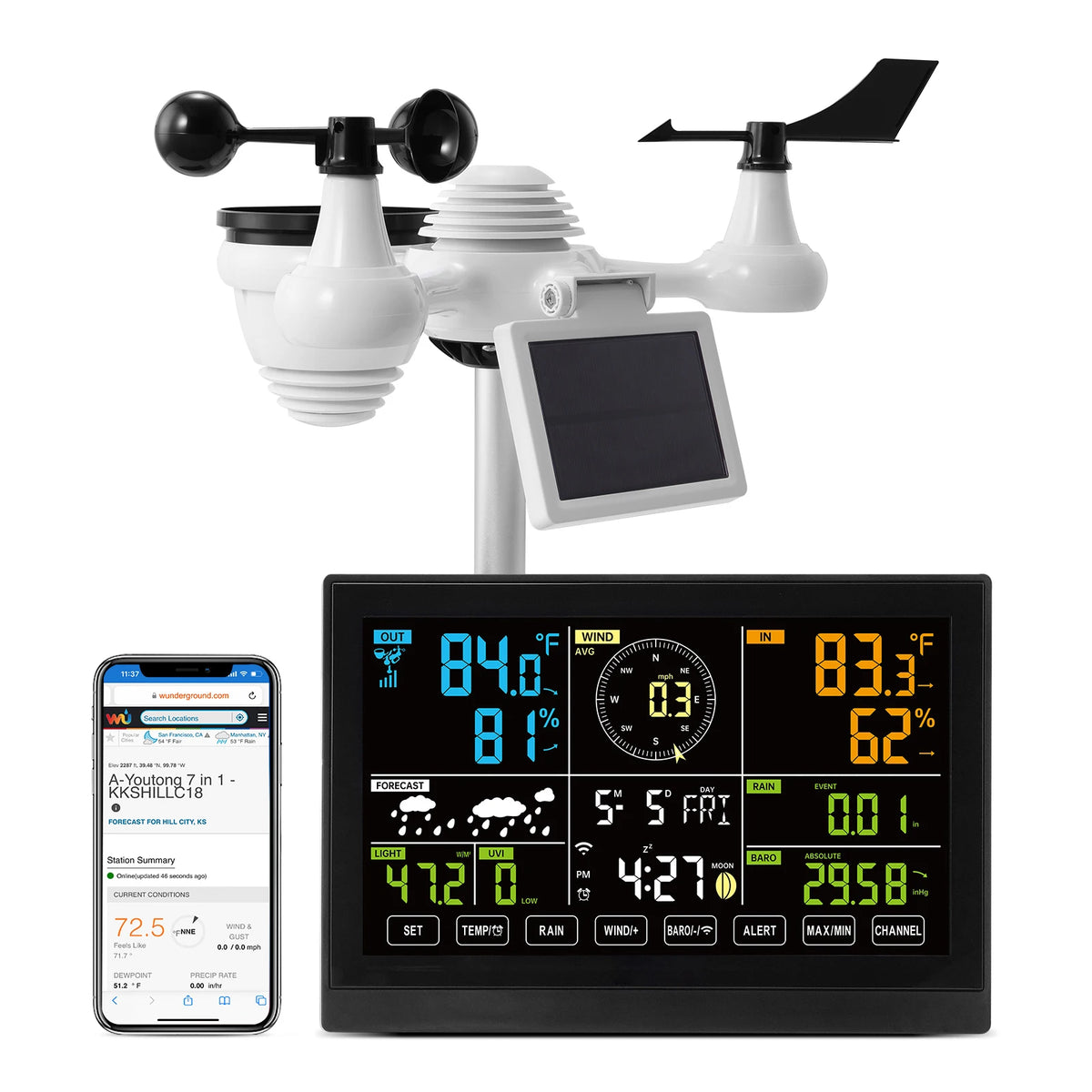 SucceBuy 7-in-1 Wi-Fi weather station with 7.5 in color display and solar outdoor sensor; shown with mobile app.