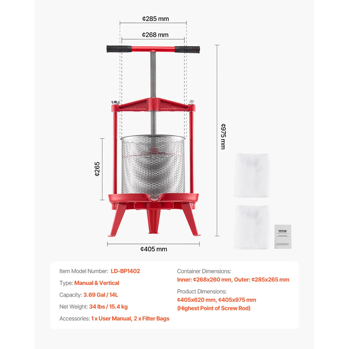 Fruit press by SucceBuy, red manual unit with stainless steel basket and screw rod; includes 2 filter bags.