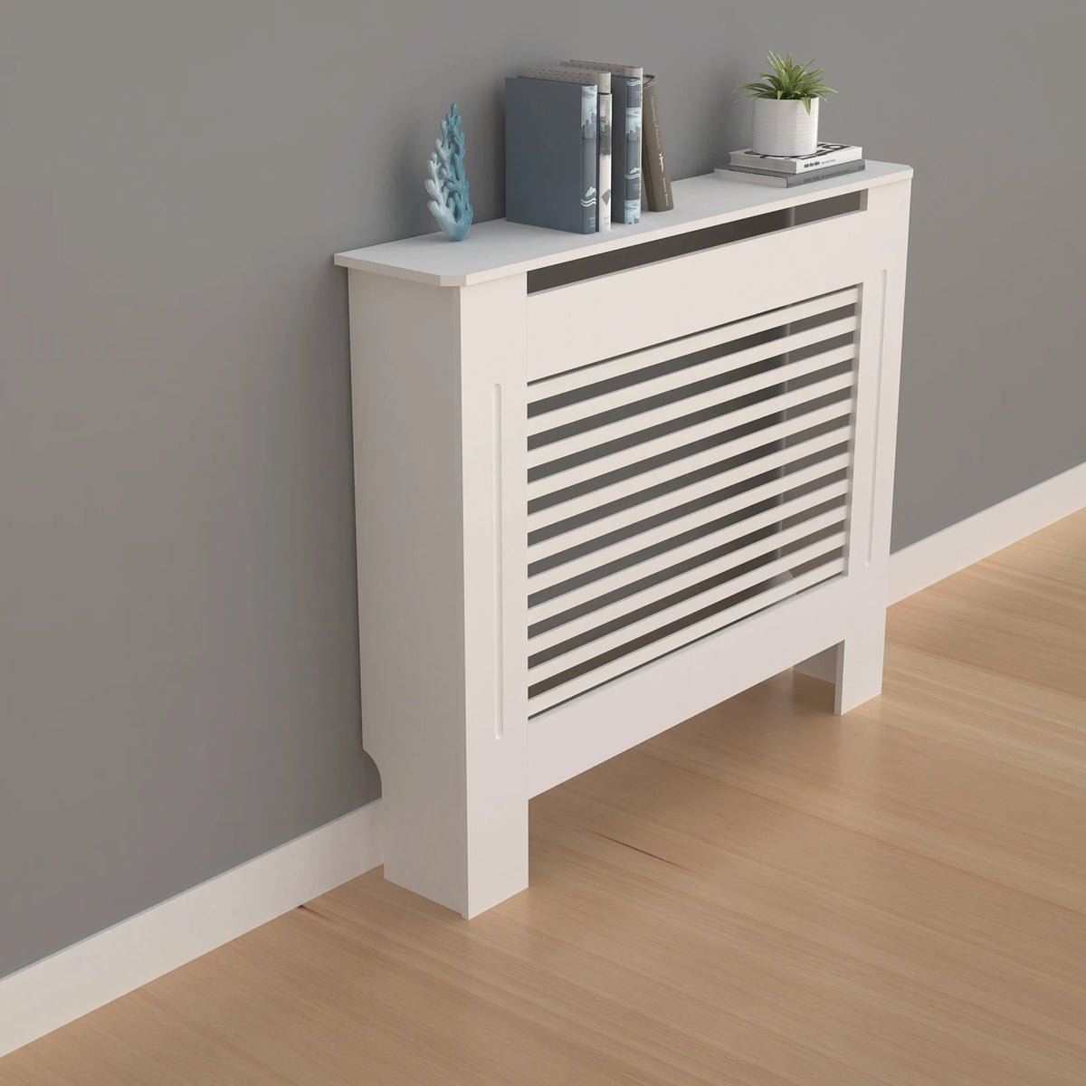 White MDF radiator cover cabinet, 36.2-inch tall, with horizontal slatted front grille and top shelf