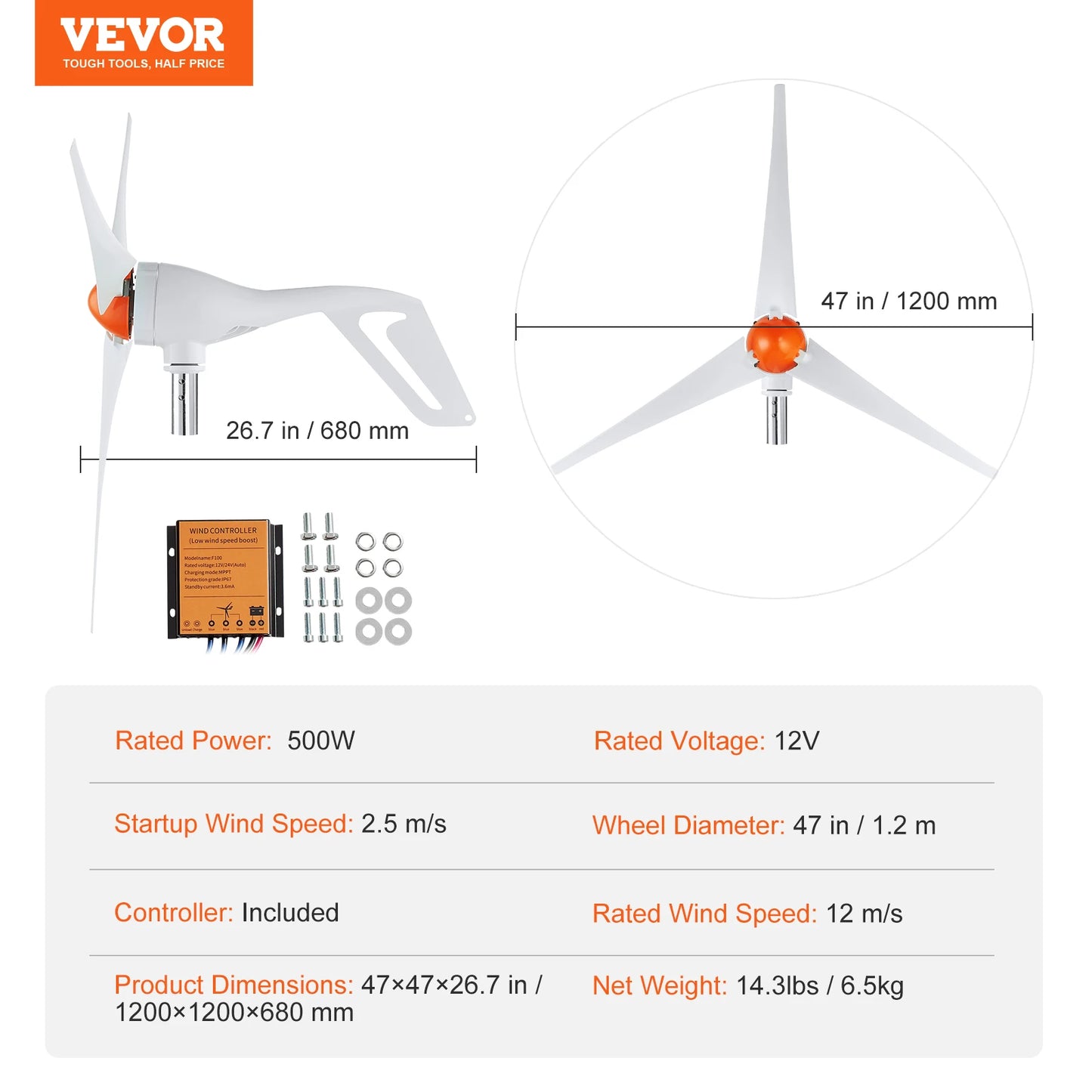 SucceBuy Wind Turbine Generator 12V 500W 800W With MPPT Controller