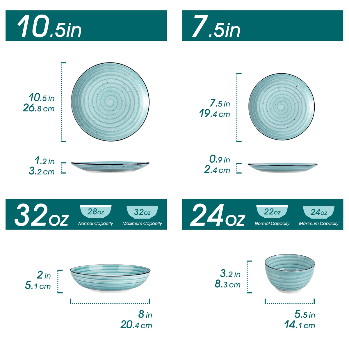 Blue hand-painted spiral ceramic dinnerware set; 10.5in and 7.5in plates with bowls by S And B Enterprise.