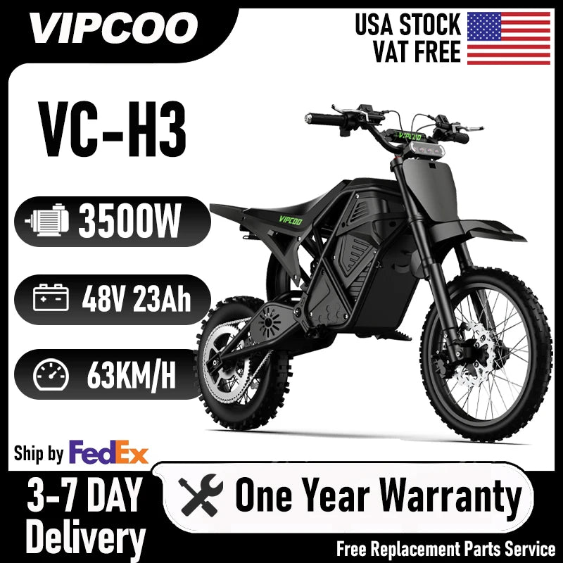 VIPCOO H3 Electric Dirt Bike 3500W 48V 23Ah Fat Tire by S And B Enterprise