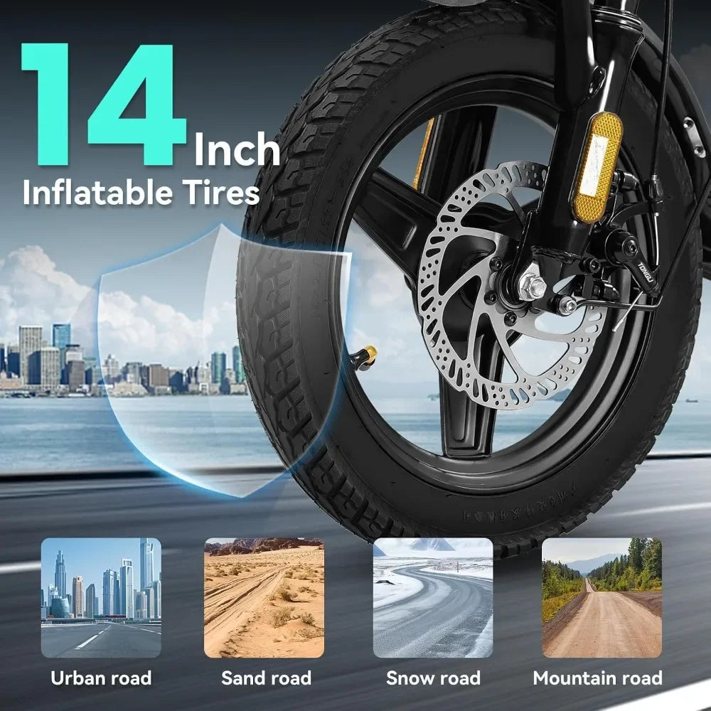 Foldable mini electric bicycle wheel with 14-inch inflatable tires and disc brake; urban, sand, snow, mountain roads.