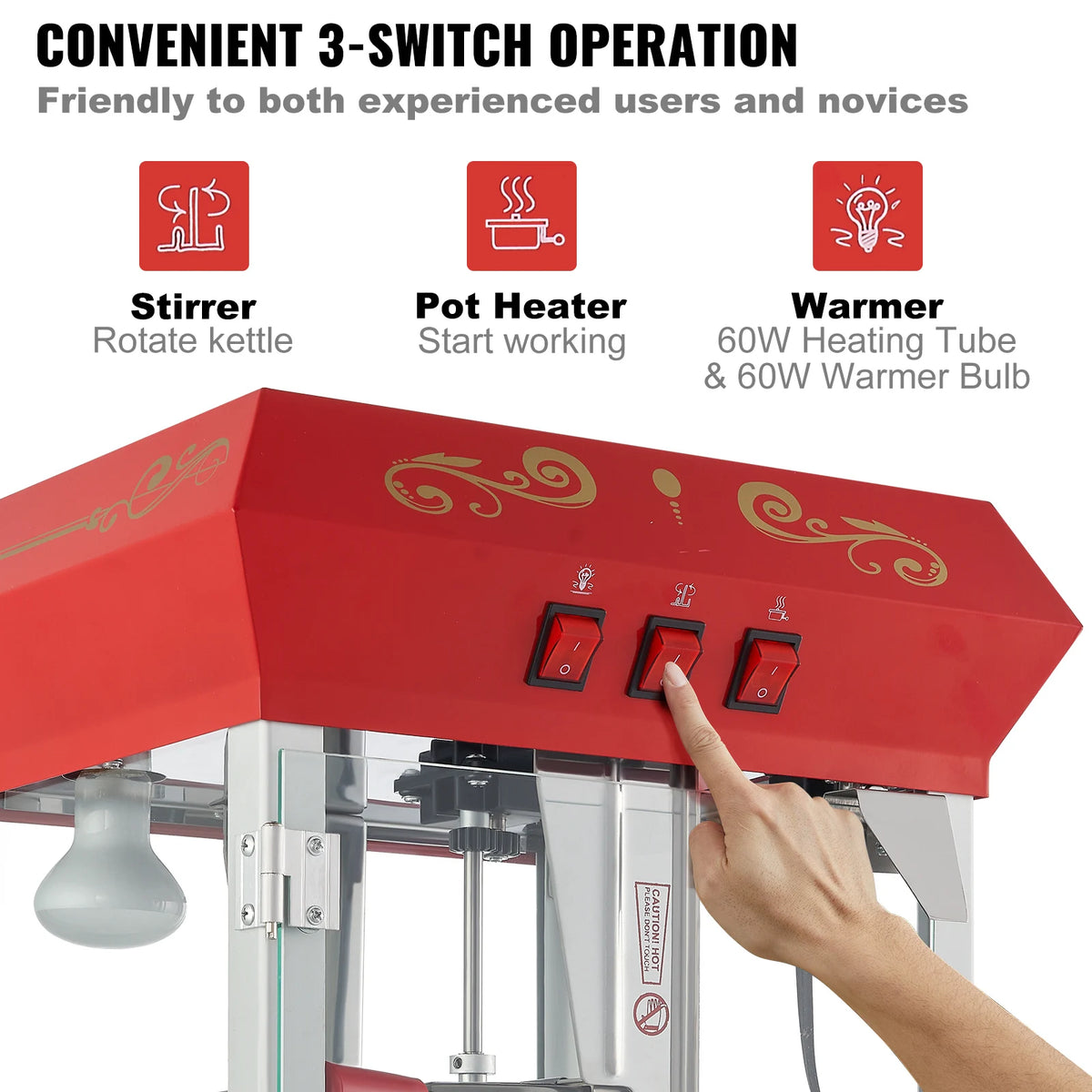 Electric popcorn maker red with three front switches and decorative gold pattern.
