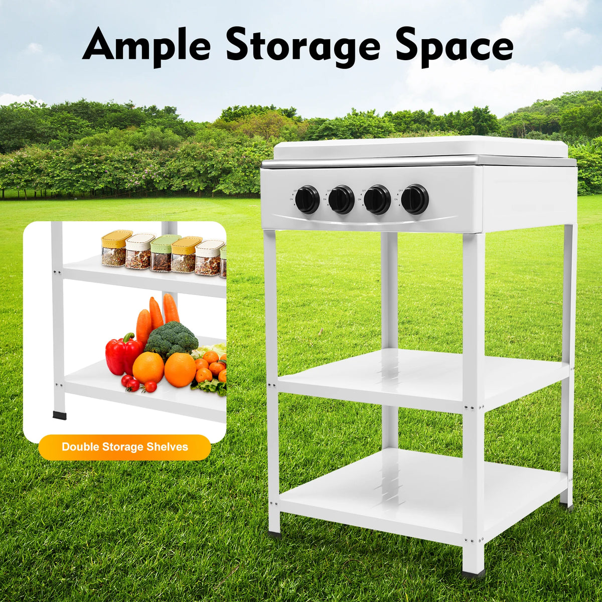 4-burner portable outdoor gas stove in white with wind-blocking cover and double storage shelves