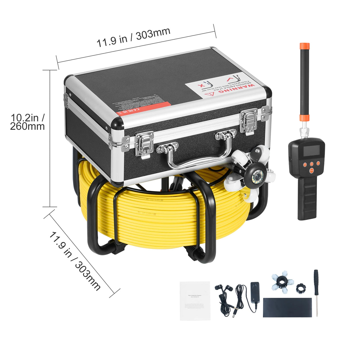 SucceBuy sewer camera kit by S And B Enterprise with 165 ft cable, 9-inch HD monitor, 512Hz locator, yellow reel, protective case