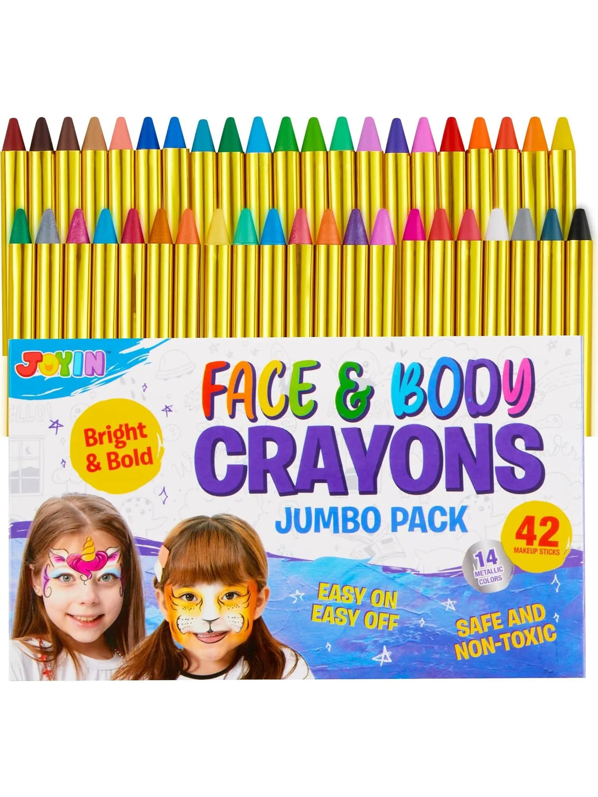 Joyin 42-piece face and body crayons jumbo pack for kids with gold-wrapped sticks and 14 metallic colors