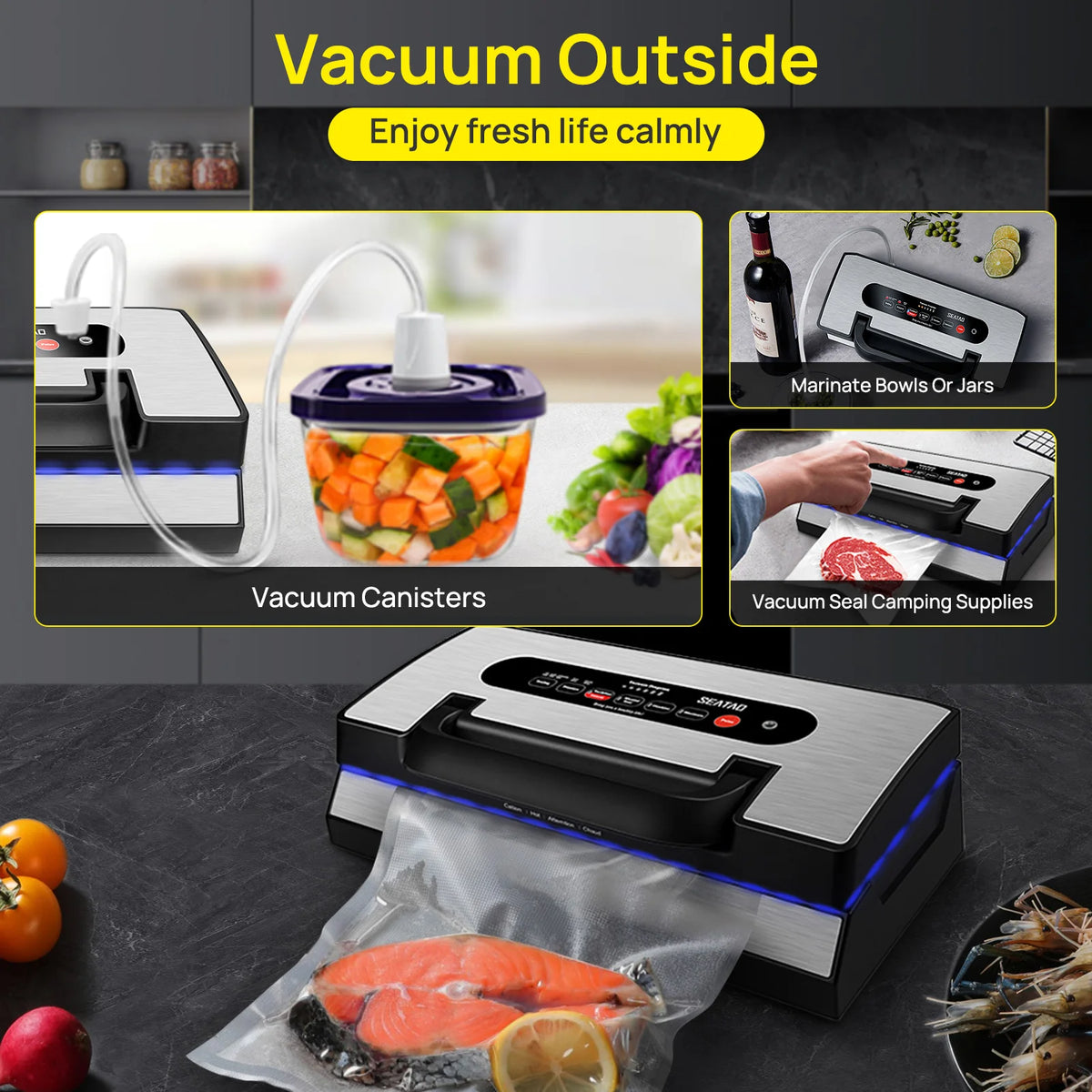 Seatao VH5188 vacuum sealer with built-in cutter and storage, stainless steel body with blue LED