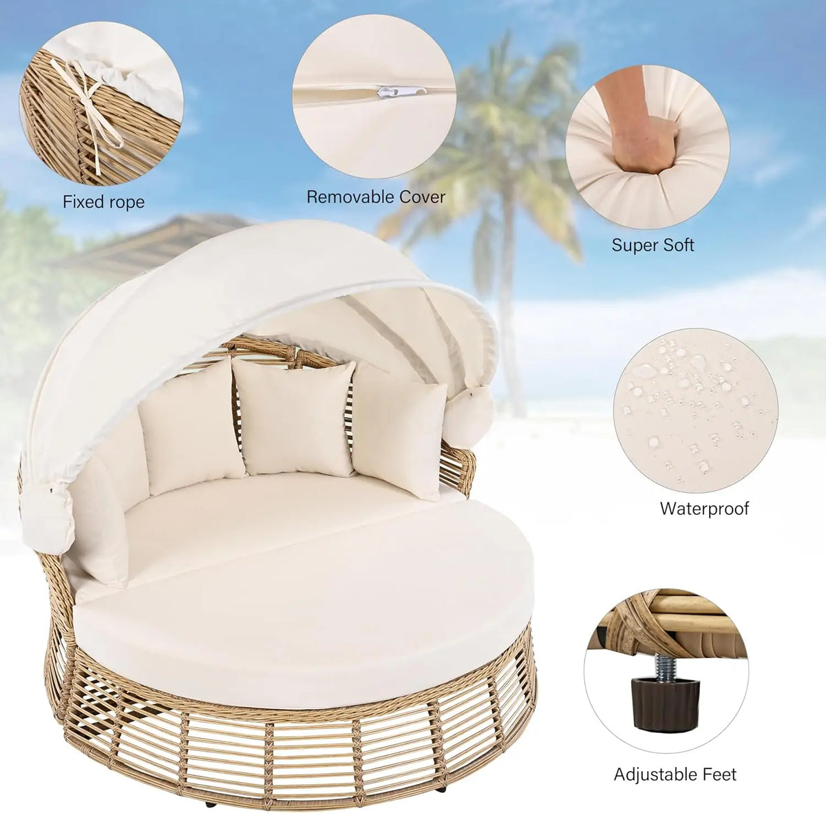 Outdoor Rattan Round Daybed With Retractable Canopy Removable Cushions by S And B Enterprise