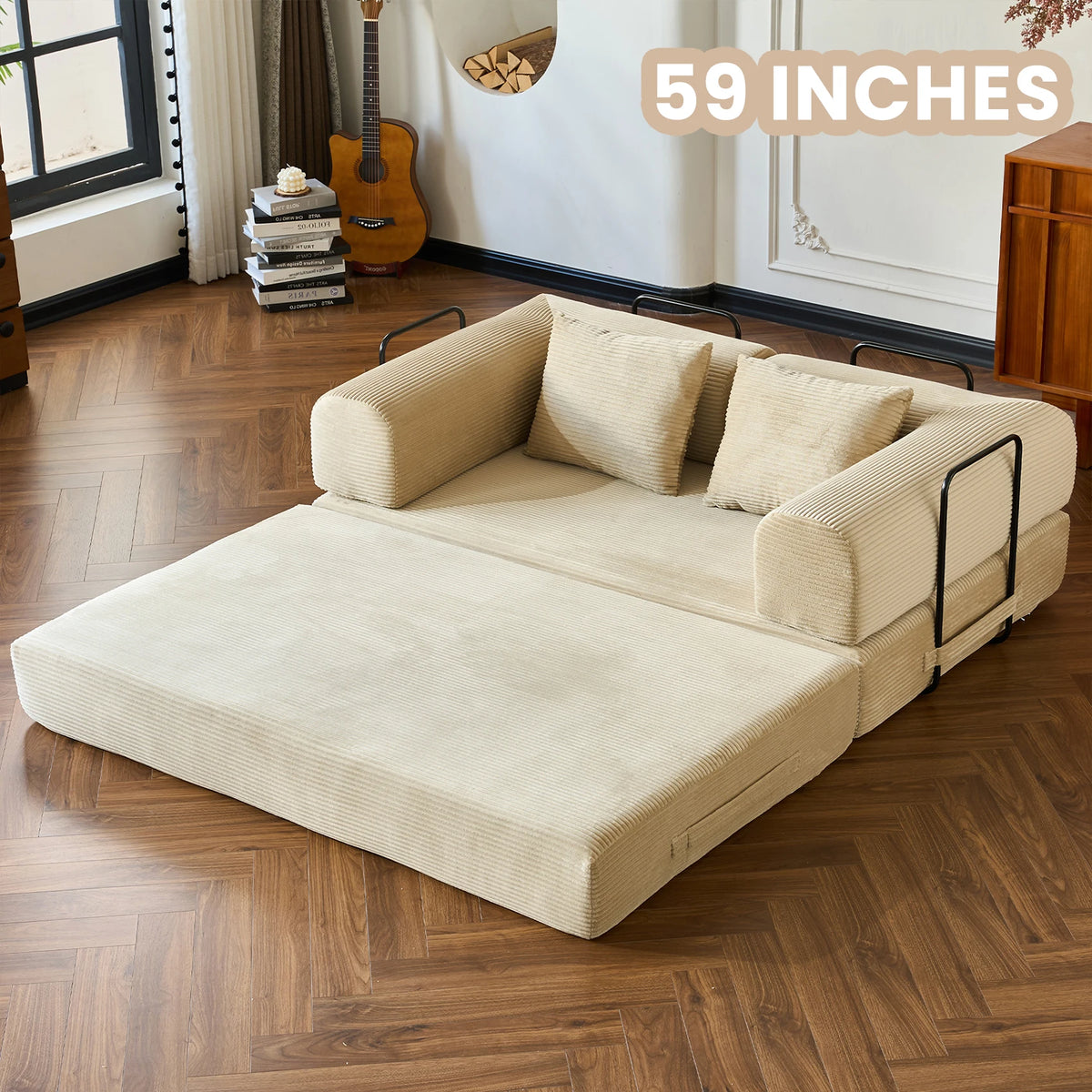 Beige corduroy futon sofa bed on a wooden floor with black metal frame arms, foldable floor lounge