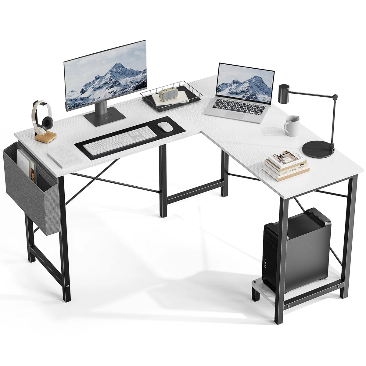 JHK Gaming Corner 50-inch wooden L-shaped desk with CPU shelf and side bag, black metal frame