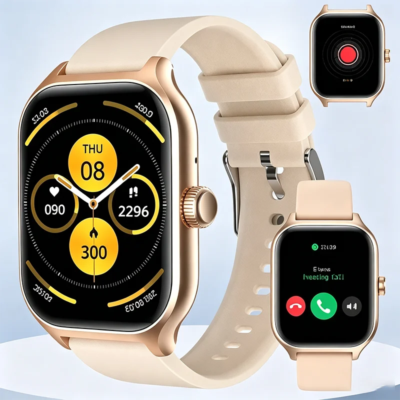 Two smartwatches with gold-tone cases and beige bands, full-touch HD displays.