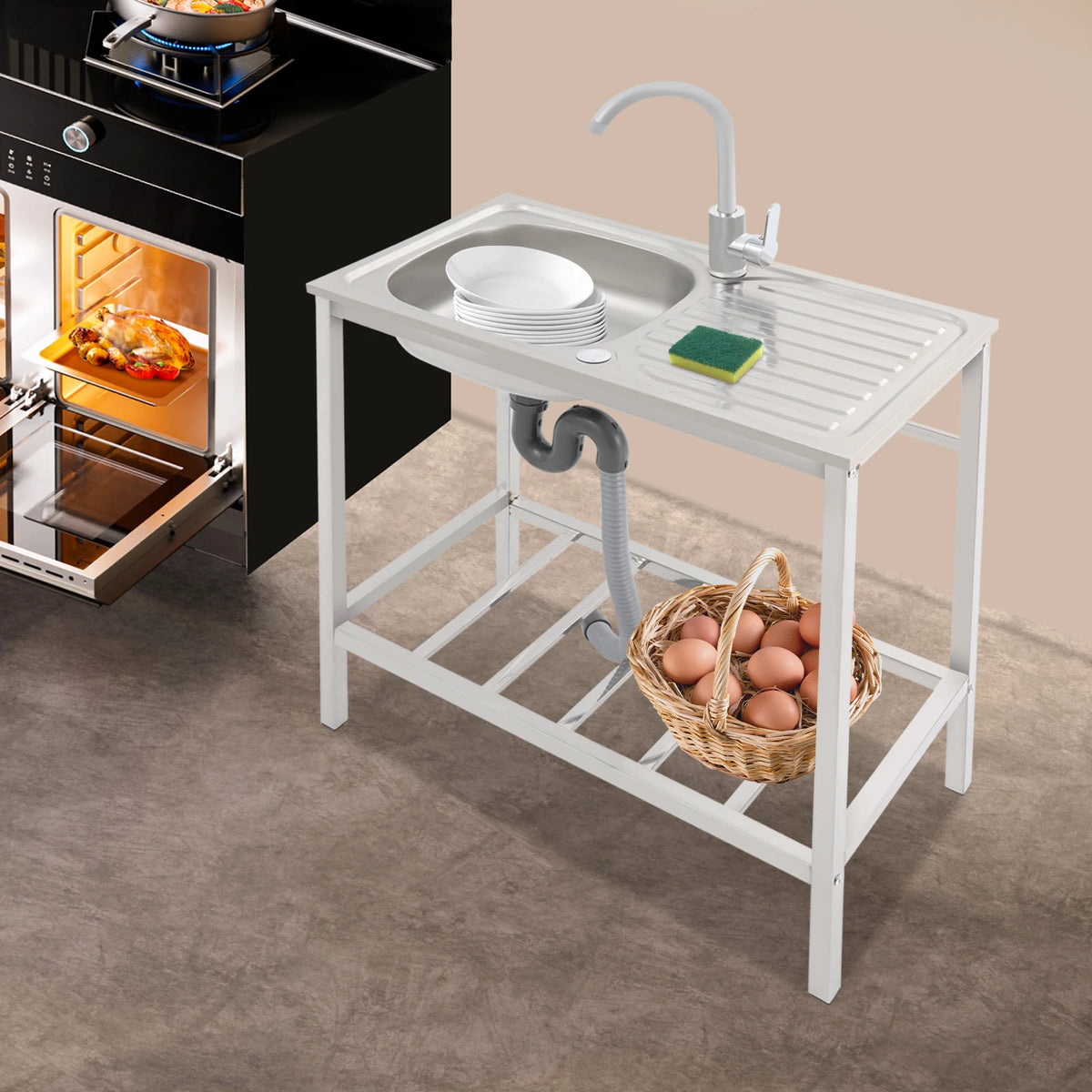 Commercial freestanding sink with countertop and shelf, white stainless steel, 360-degree faucet