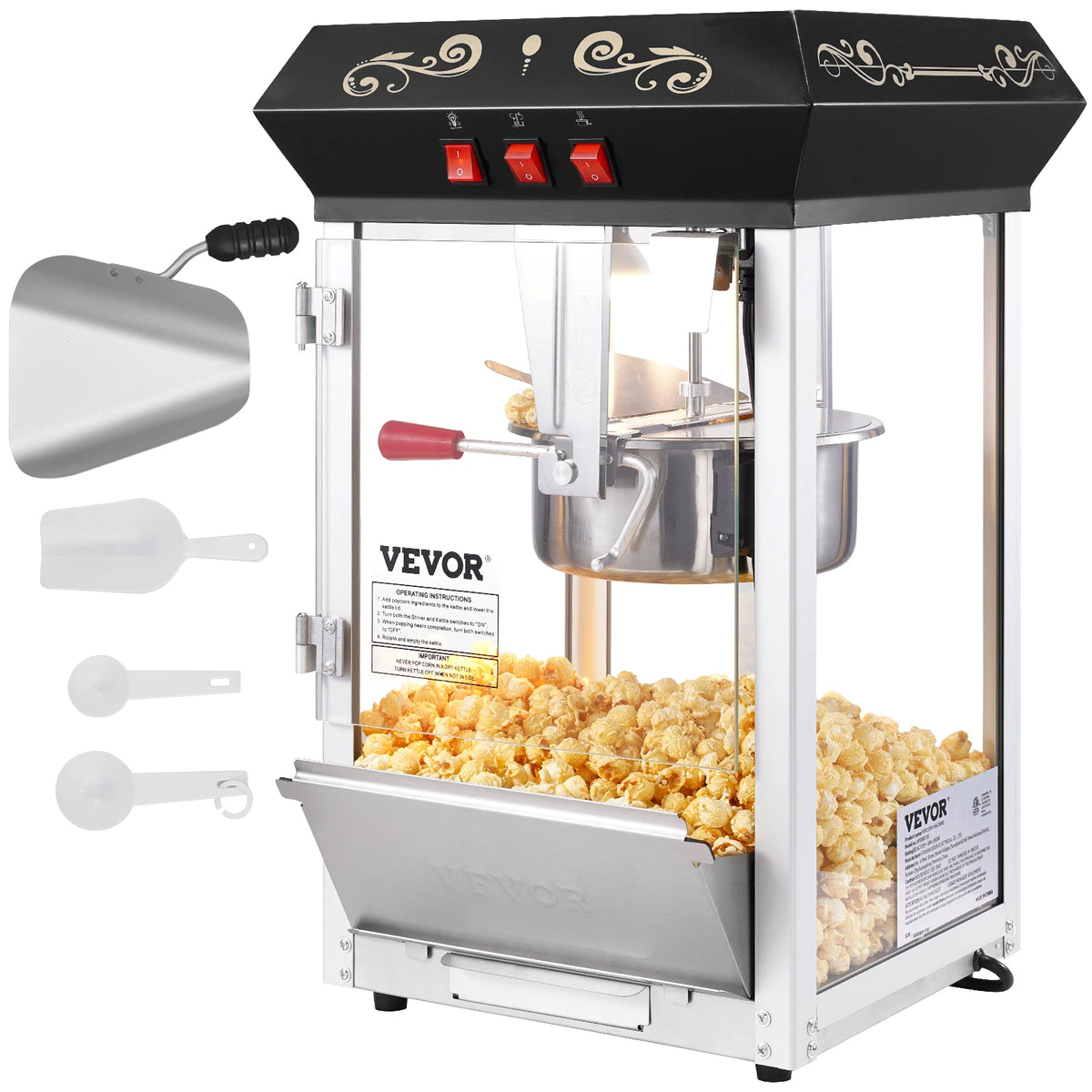 Popcorn popper maker by VEVOR, 8 oz kettle, countertop stainless, 48-cup batch, includes 4 scoops, theater style