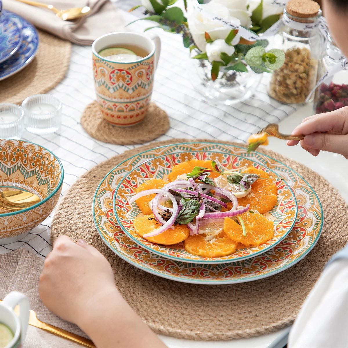 Vancasso ceramic dinnerware set with Bohemian mandala pattern; includes dinner plates, dessert plates, bowls