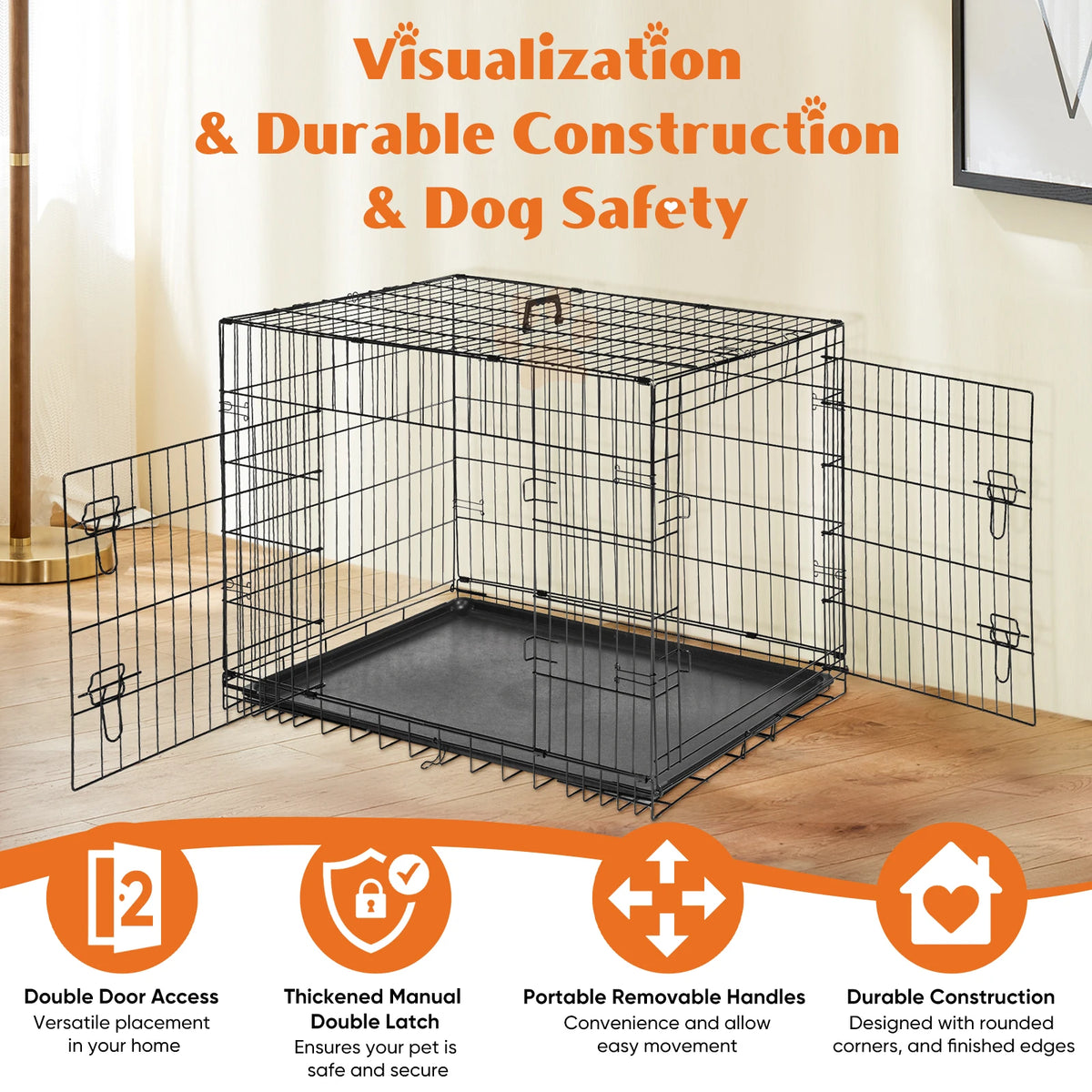 JHK Double Door Folding Dog Cage With Leakproof Pan by S And B Enterprise