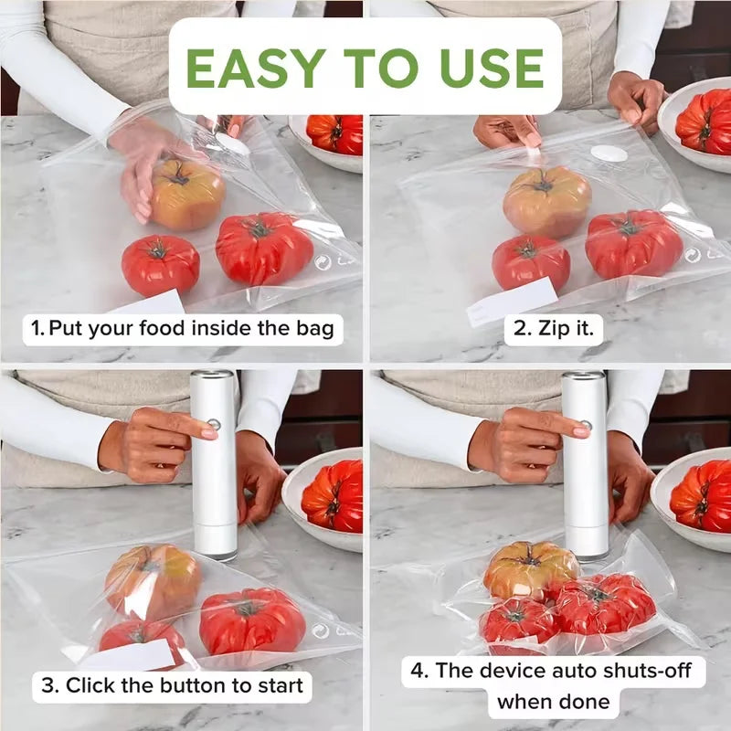 Handheld vacuum sealer with 5 reusable bags, white compact device sealing tomatoes in a clear bag.