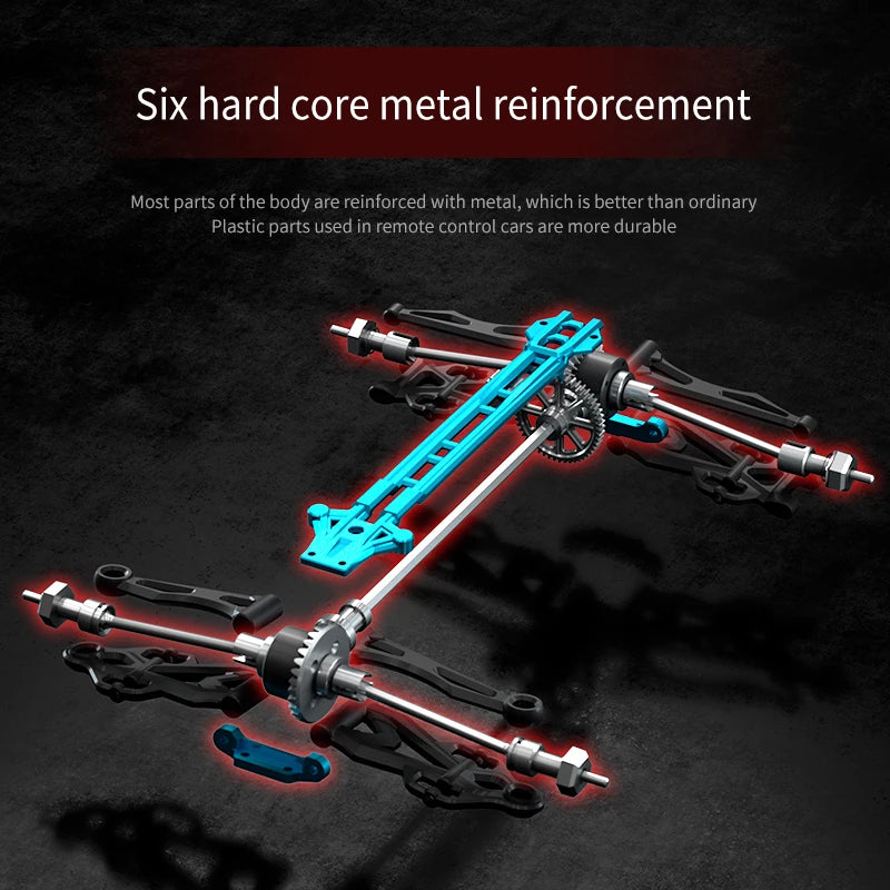WLtoys 16101 Pro RC car chassis with blue frame and metal reinforcement parts, 4WD drivetrain