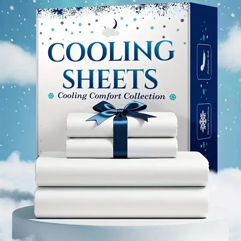 Bamboo cooling sheet set, queen size (4pc/6pc), white sheets with blue ribbon, by S And B Enterprise