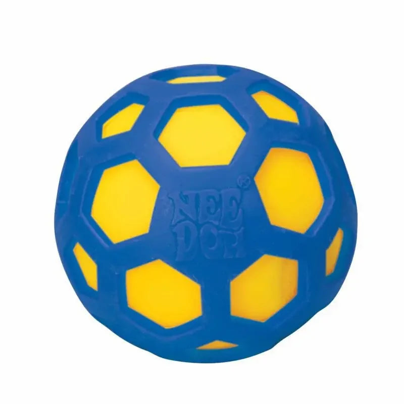 Schylling Needoh blue atomic stress relief ball with yellow hexagonal panels