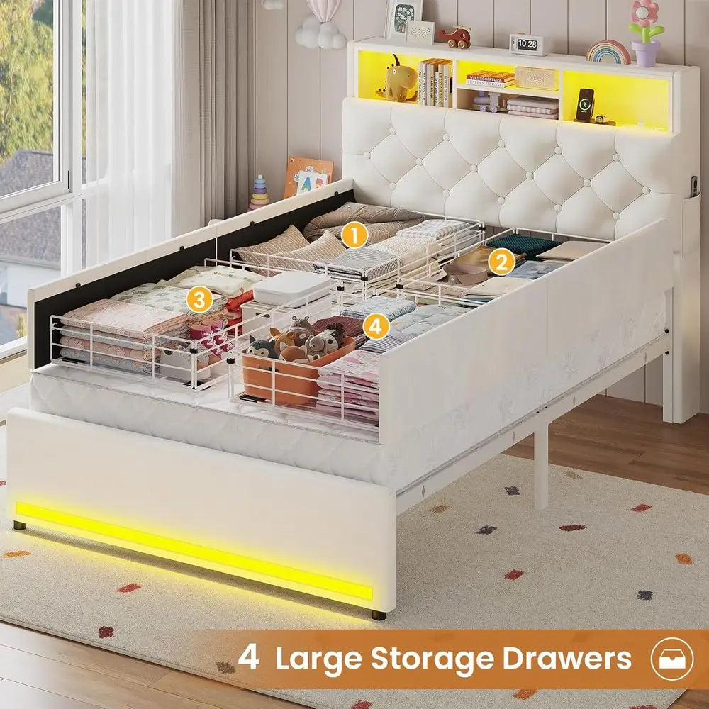 Velvet Upholstered Platform Bed With Bookcase For Kids