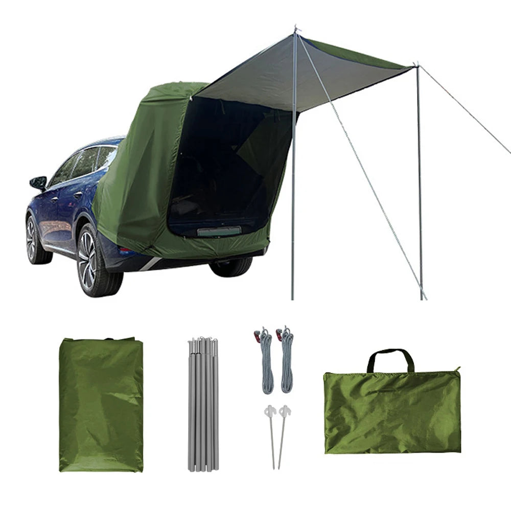 S And B Enterprise outdoor car rear tent with canopy; sunproof and rainproof rear extension with poles, guylines, pegs and carry bag.