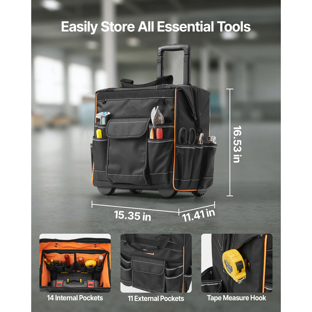 SucceBuy 110Lbs rolling tool bag on wheels with telescoping handle, black with orange trim and 25 pockets