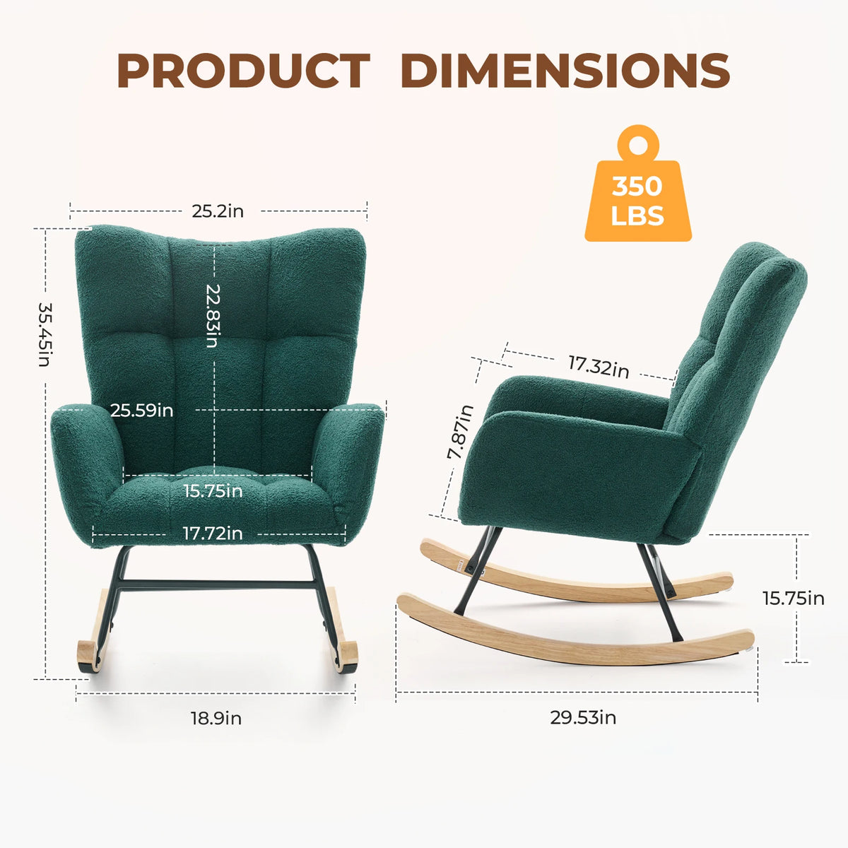 Two teal JHK Teddy upholstered chairs by S And B Enterprise: saucer rocking chair and high-back padded armchair