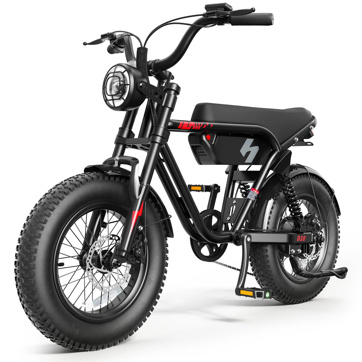 Hopepeak D10 electric bike from S And B Enterprise; black 16-inch fat-tire MTB with front light and full suspension