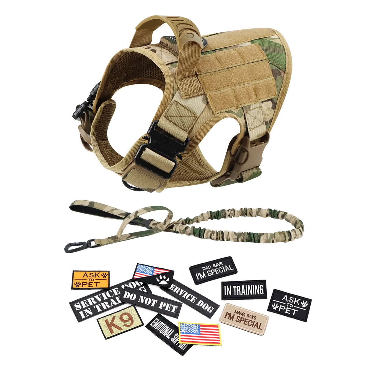 Large tactical dog harness vest set tan camouflage by S And B Enterprise with MOLLE, leash, patches