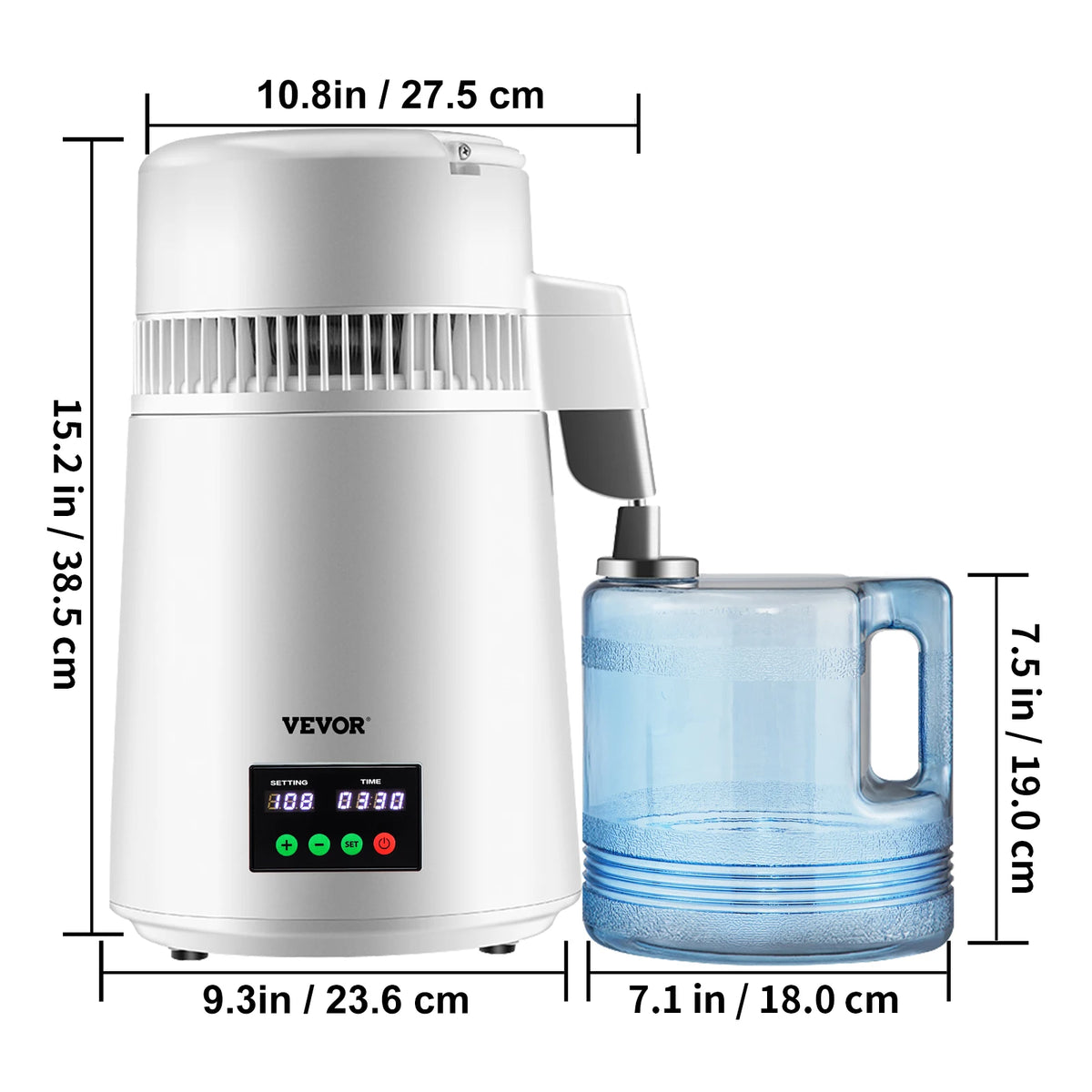 VEVOR 4L water distiller purifier with touch-screen control, white body beside blue water bottle