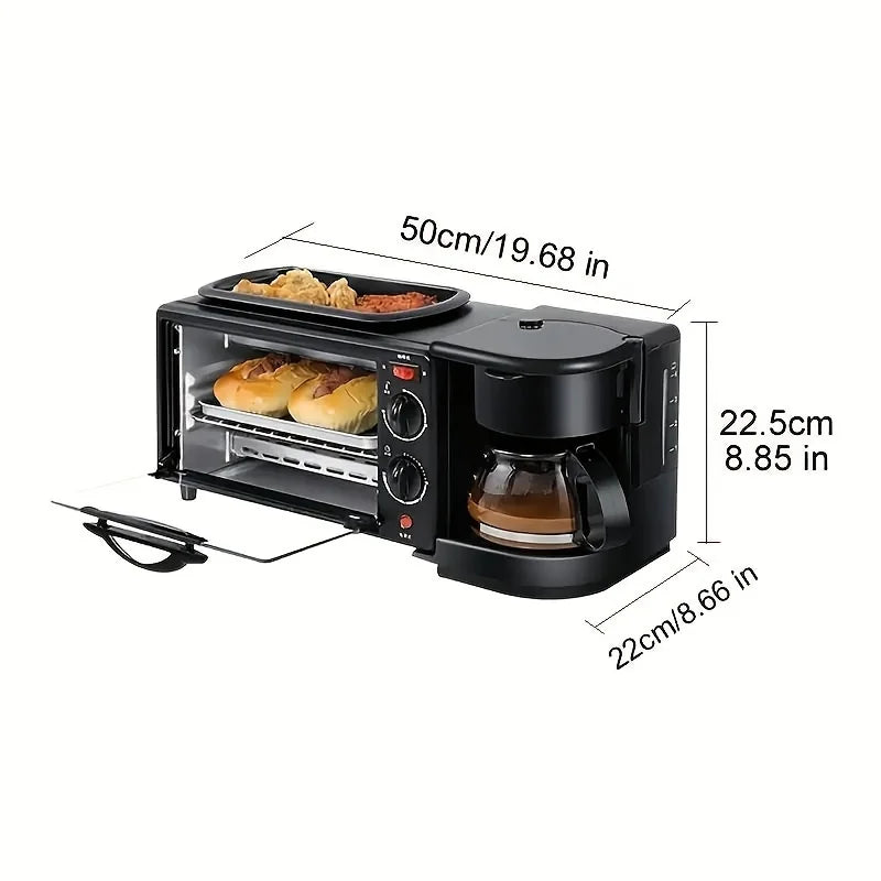 3-in-1 breakfast machine in black with toaster oven and coffee maker; non-stick coating for easy cleaning.