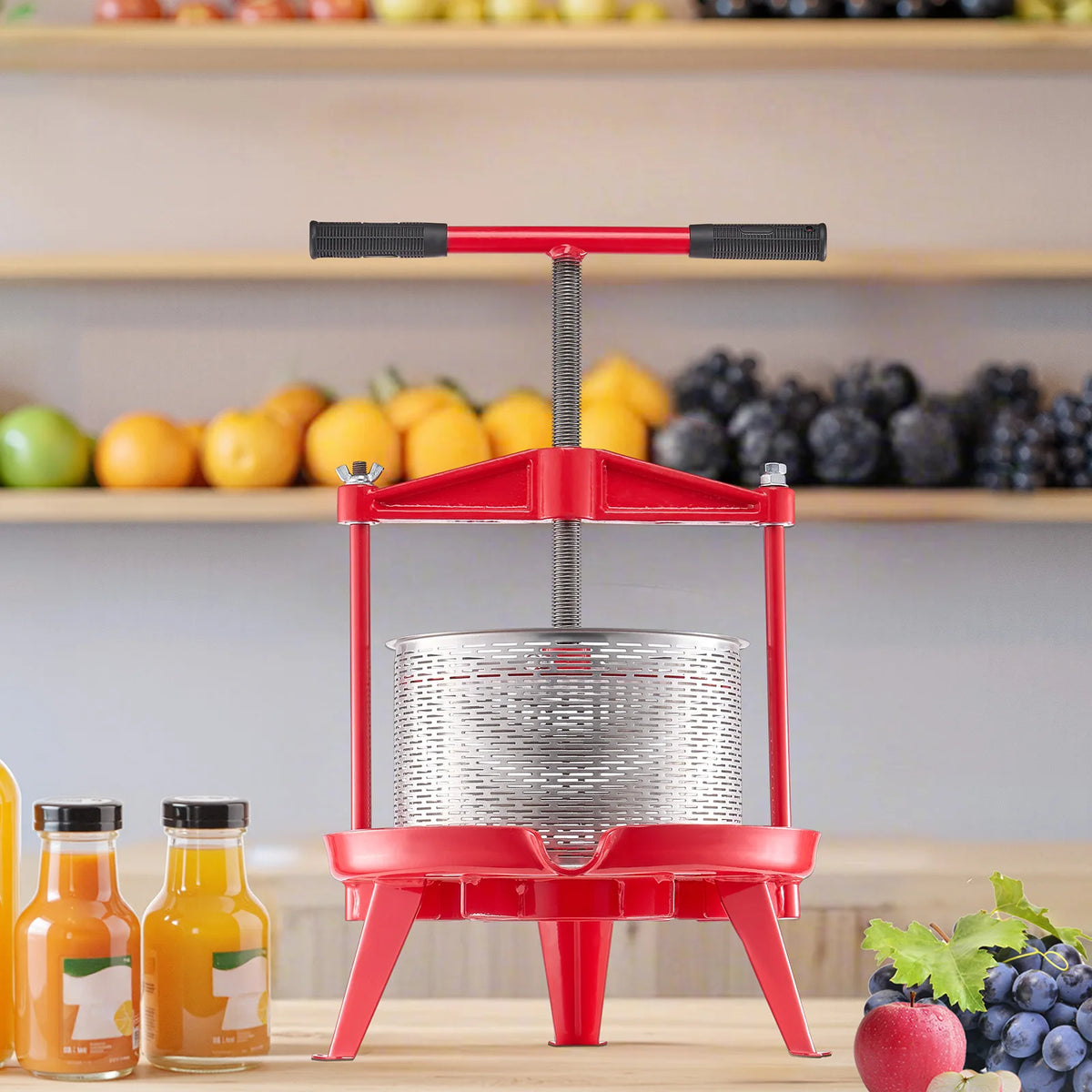 SucceBuy red manual fruit press with stainless steel basket and cross-beam for home juice making