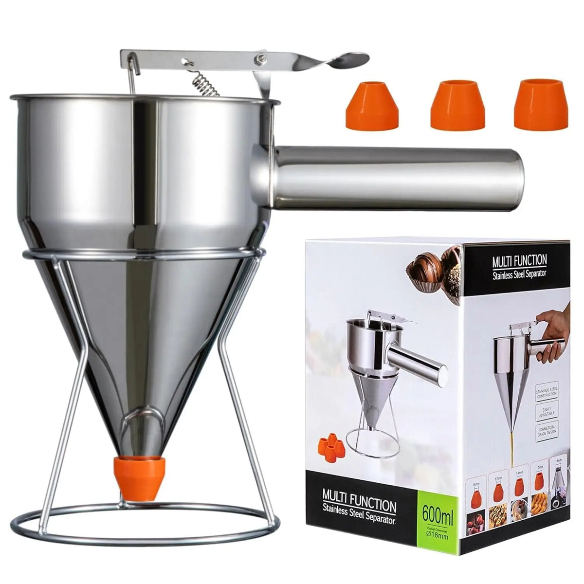 Pancake batter dispenser, stainless steel with 4 nozzles and stand for baked goods