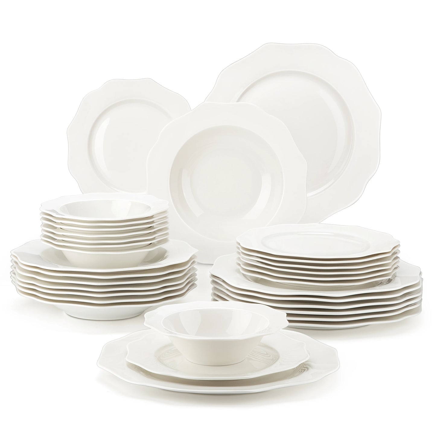 MALACASA white porcelain dinnerware set in Nordic European style with bowls and plates, 16/32 pieces for 4–8 people