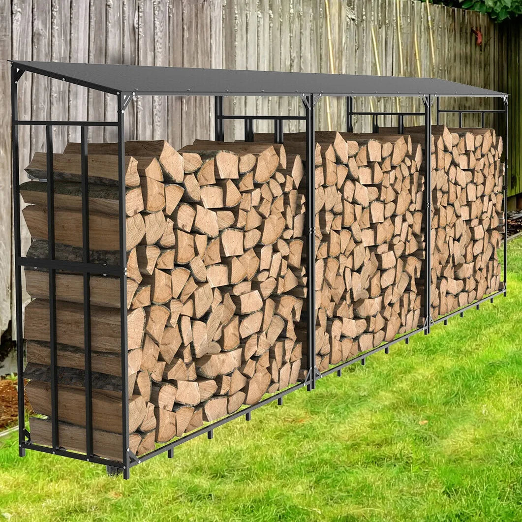 Heavy-duty metal firewood rack with protective top cover, three-bay design by S And B Enterprise; stores up to 300 kg