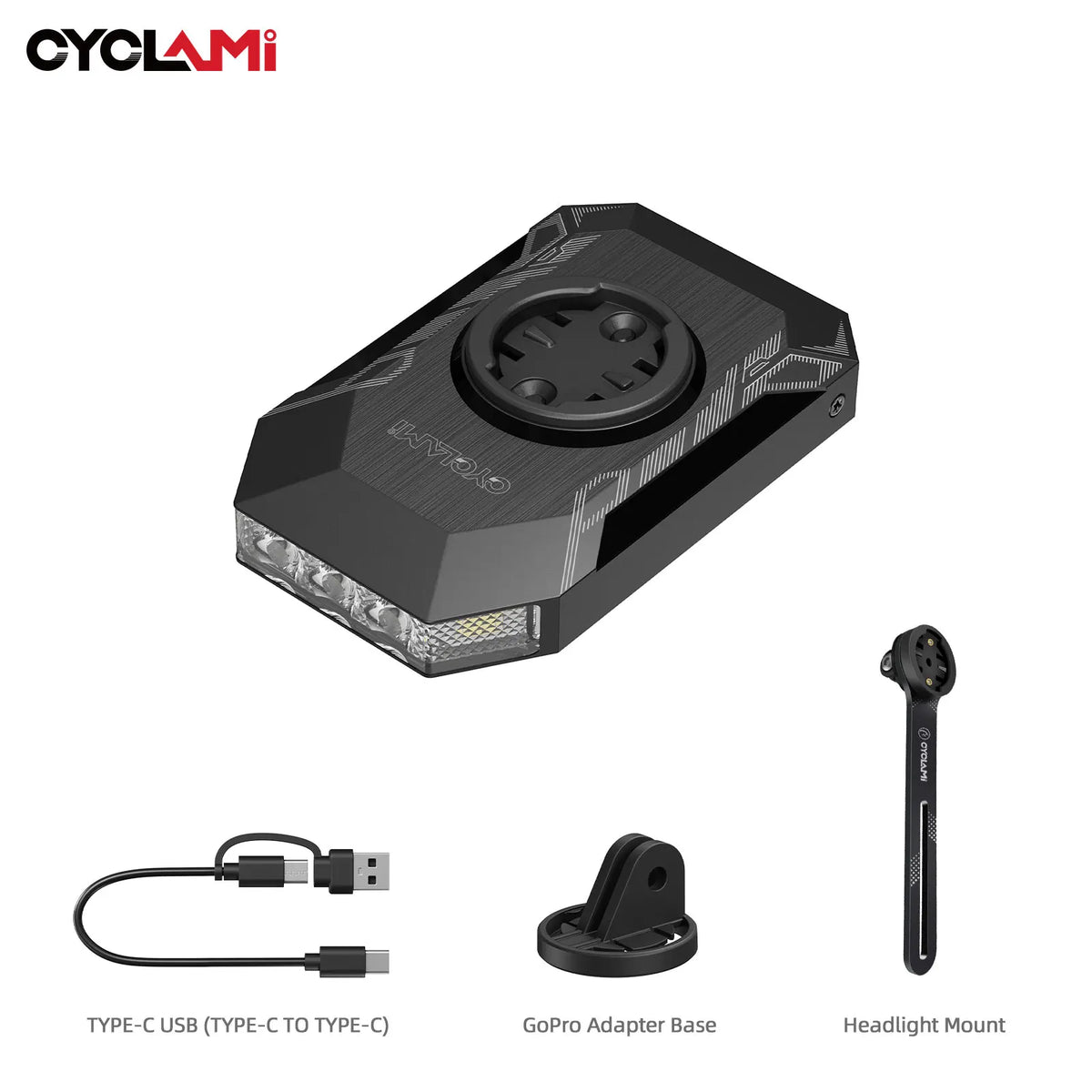 CYCLAMI CL350 bike headlight in black with USB-C cable, GoPro adapter base and headlight mount