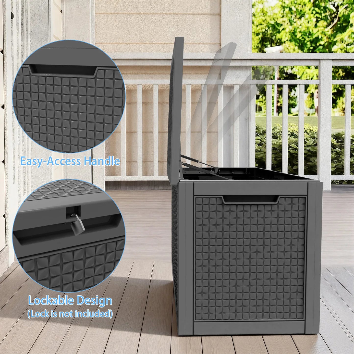 100 Gallon resin deck box by S And B Enterprise, gray, lockable outdoor storage for furniture and tools.