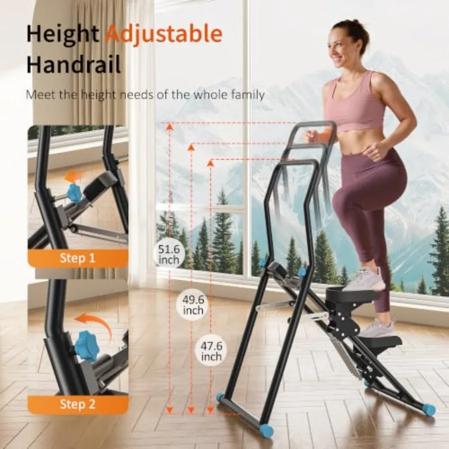 Home gym stair stepper by S And B Enterprise; black steel foldable vertical climber with adjustable height handrail.