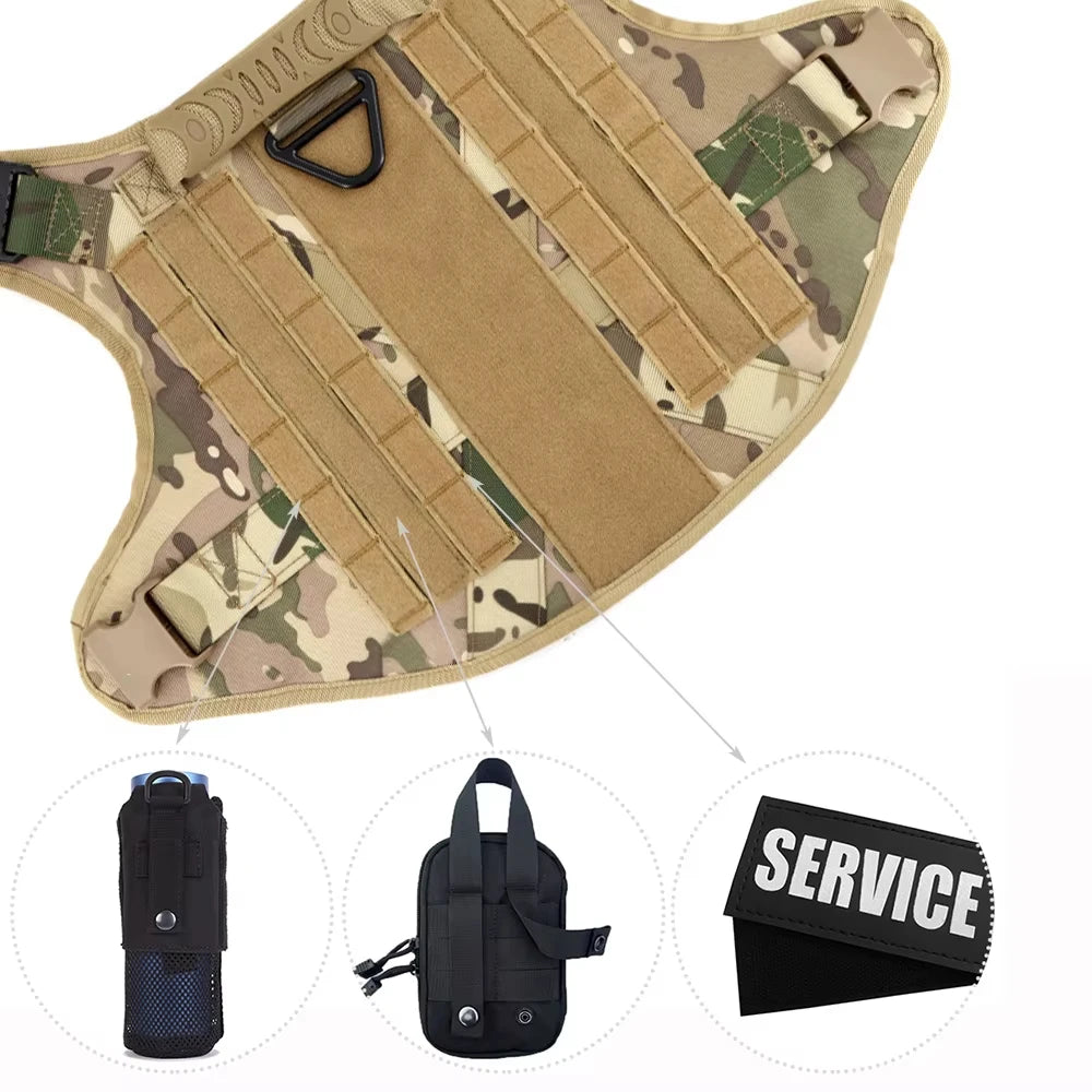 Military large dog harness vest in camouflage with MOLLE straps, leash pouches, and a Service patch by S And B Enterprise