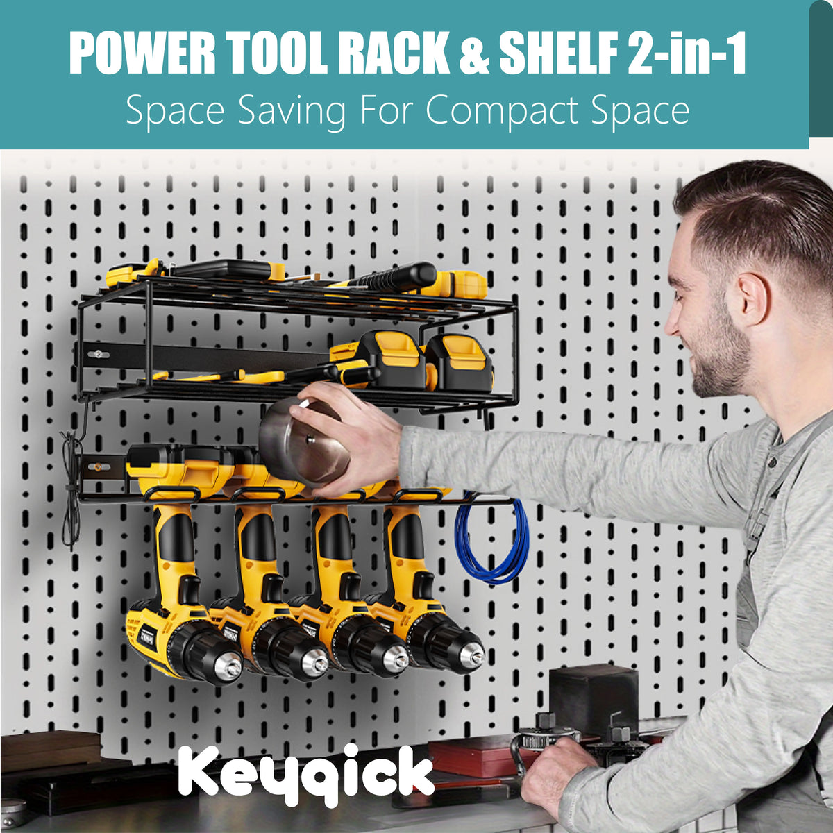 Power tool rack and double-layer shelf on pegboard wall with yellow cordless drills