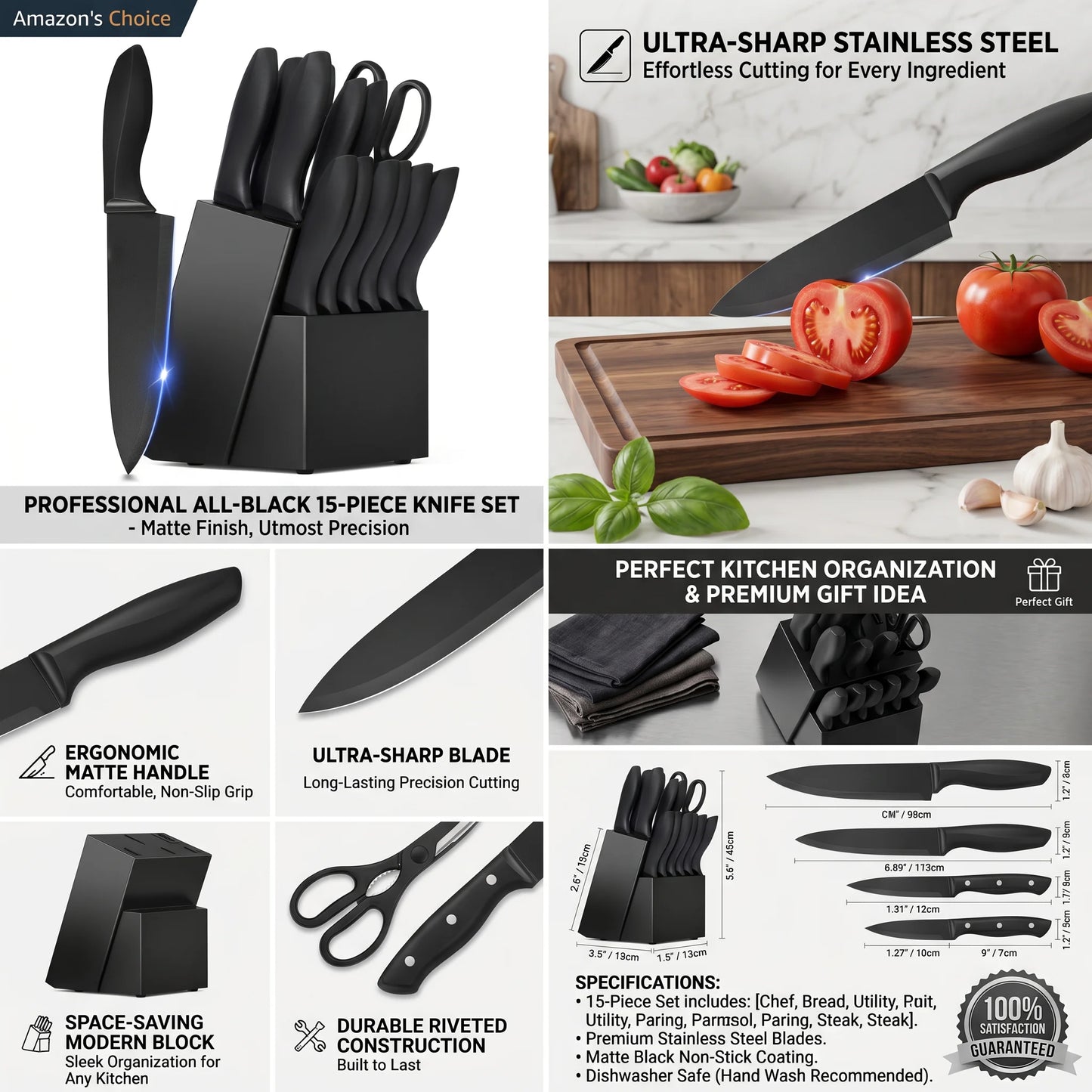 Stainless Steel Kitchen Knife Set With Block Sharpener Scissors by S And B Enterprise
